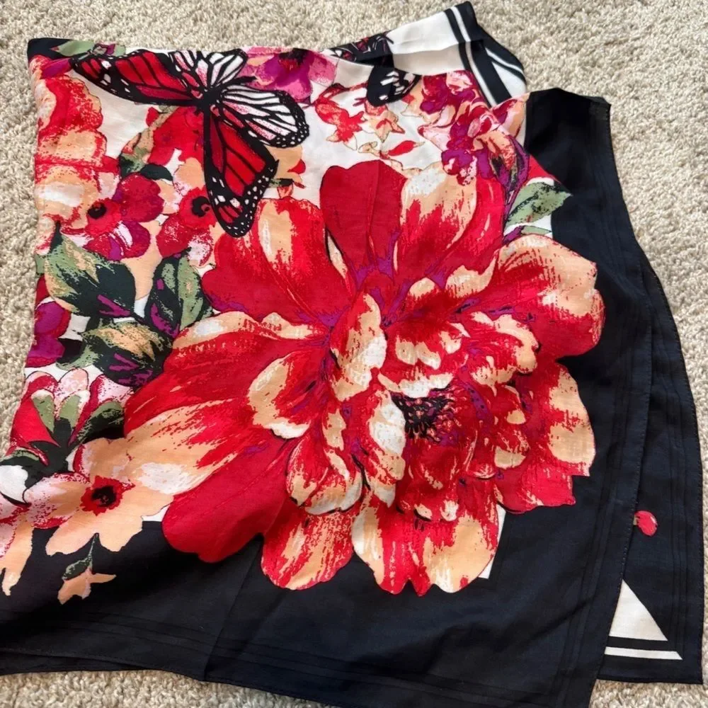 Floral Butterfly Scarf Silk Blend Romantic Coquette Neck Hair Head Square Wrap